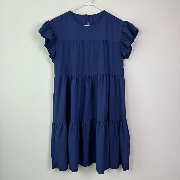 Blue Dress Ruffle Sleeve Round Neck Layered Mini Size Medium - Picture 9 of 10
